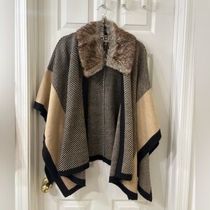 Anne Klein Black and Tan Poncho with Faux Fur Collar